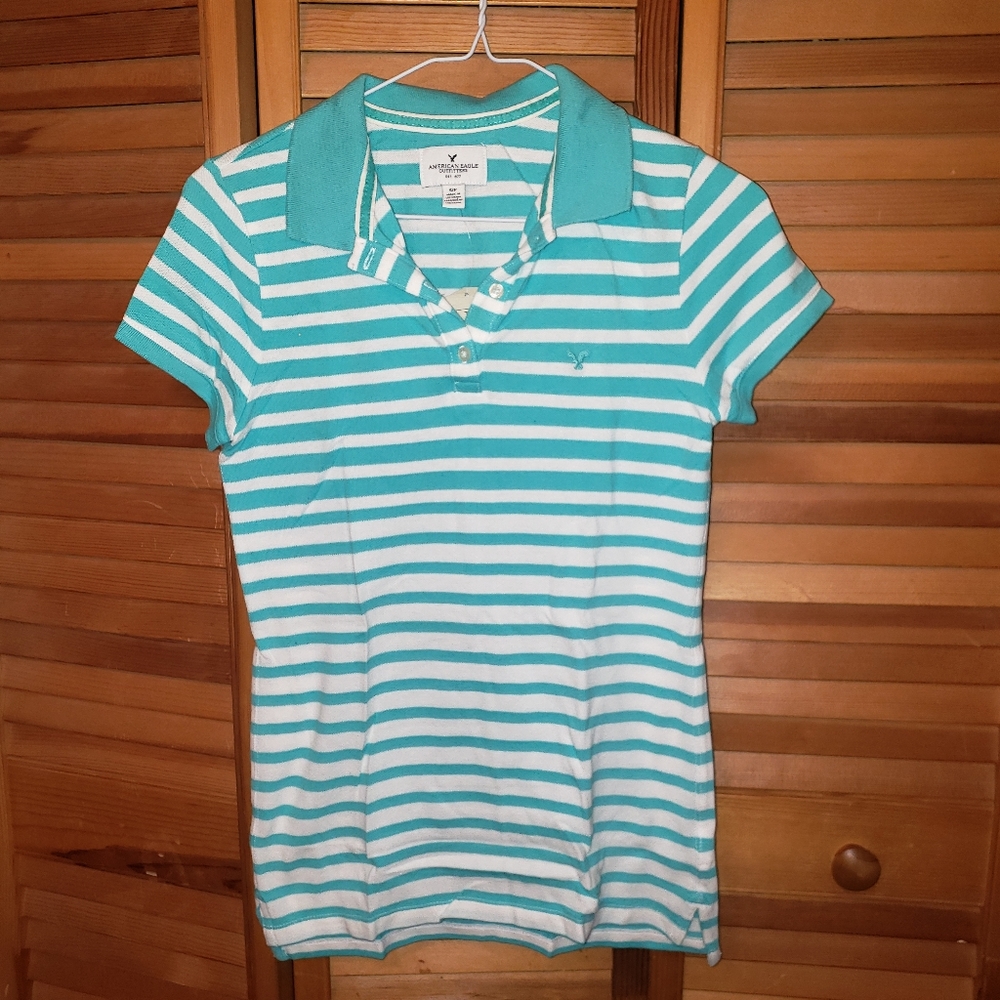 American Eagle Teal and White Striped Polo (S)